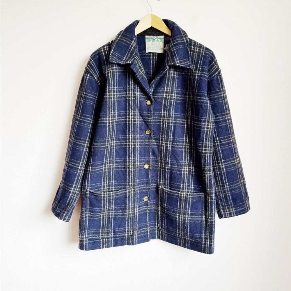 1990s wool navy plaid barn coat